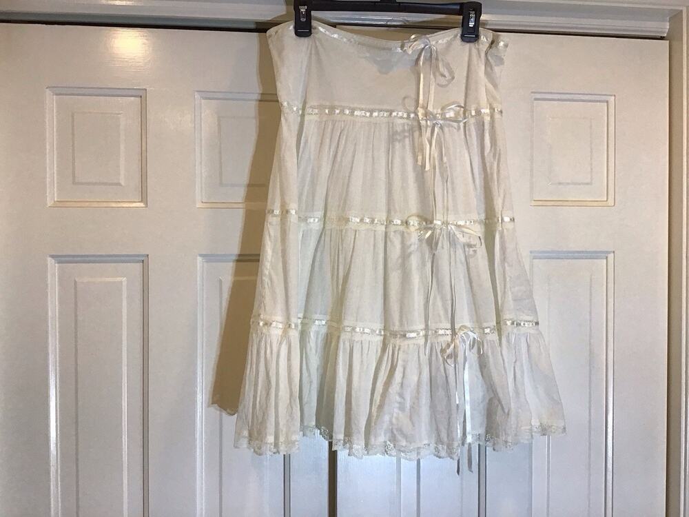 Tiered White Cotton Midi Broom Skirt Sz L Lace Trim Peasant Boho Prairie Cottage